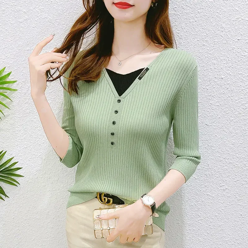 

Spring Summer New Women Fashion Knitted T-Shirts Solid V-Neck Contrast Color Button Fake Two Pieces Slim Half Sleeve Casual Tops