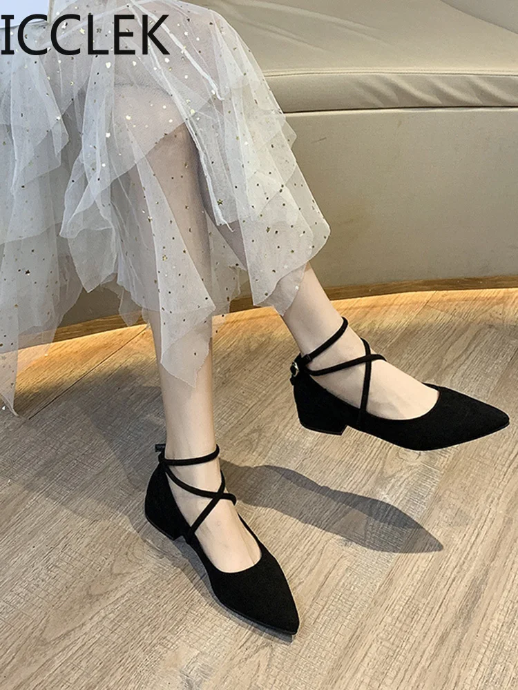 Fashion Pointed Shallow Mouth Single Shoes  Low Heel Womens Shoes Square Heel High Heels Black Work Shoes A054