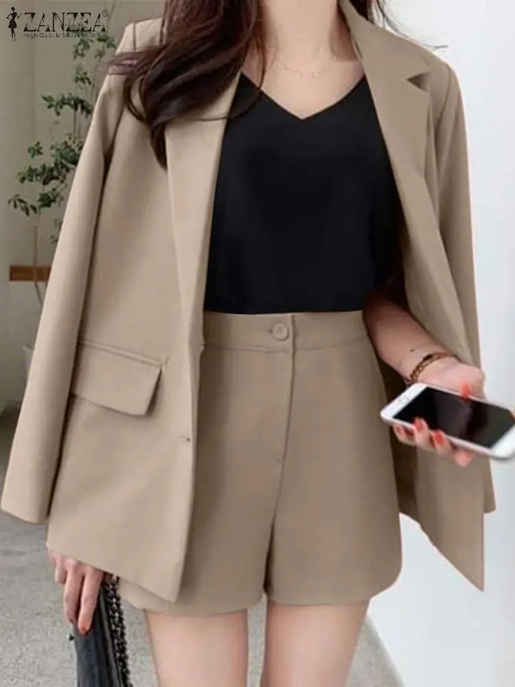 ZANZEA 2PCS Lapel Long Sleeve Solid Blazer Shorts Pant 2023 Work OL Matching Sets Spring Fashion Suit Elegant Vintage Tracksuit