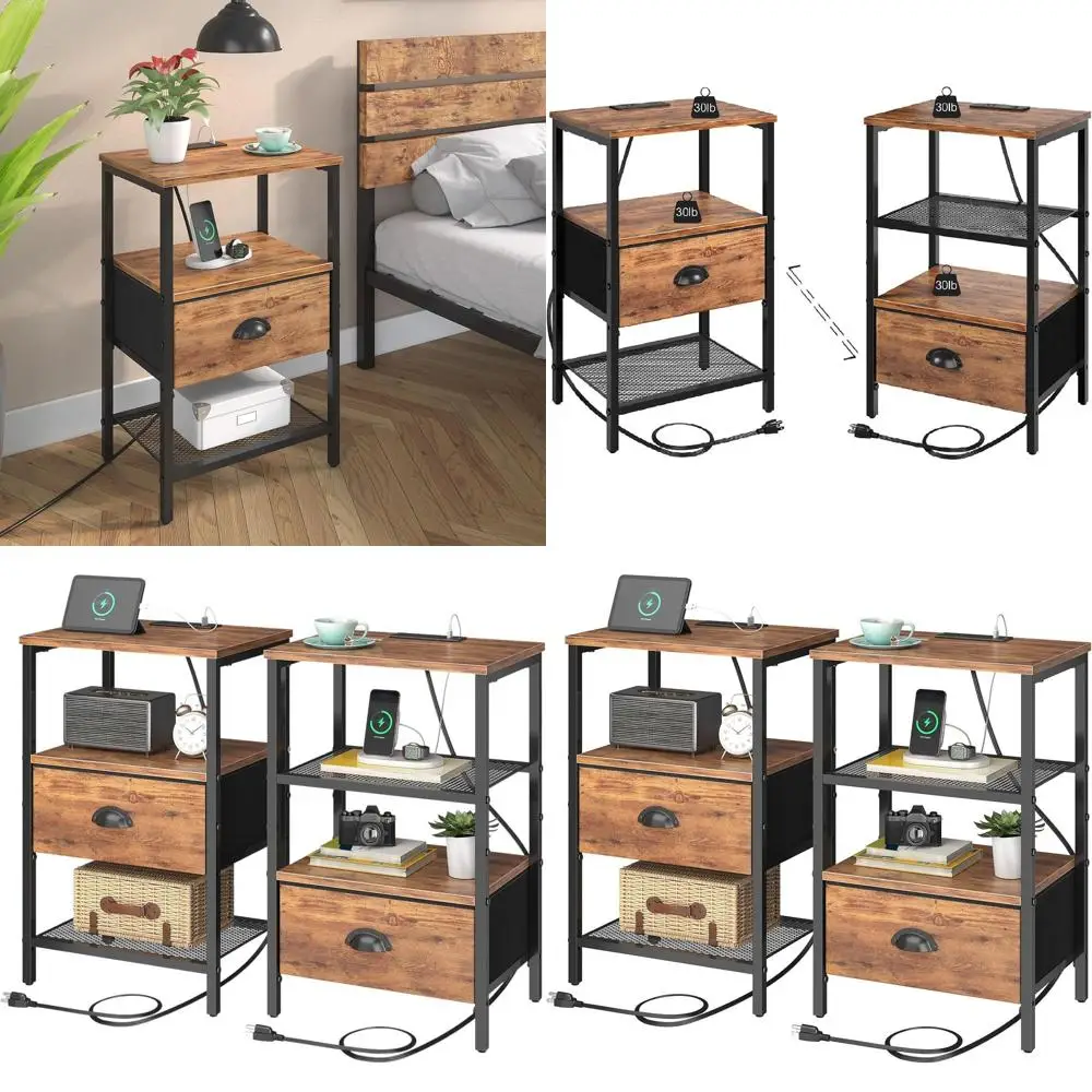 

Nightstands Set of 2, Night Stands with Charging Station and Fabric Drawer, Bedside Tables with Storage, 2- Tier Side Table with