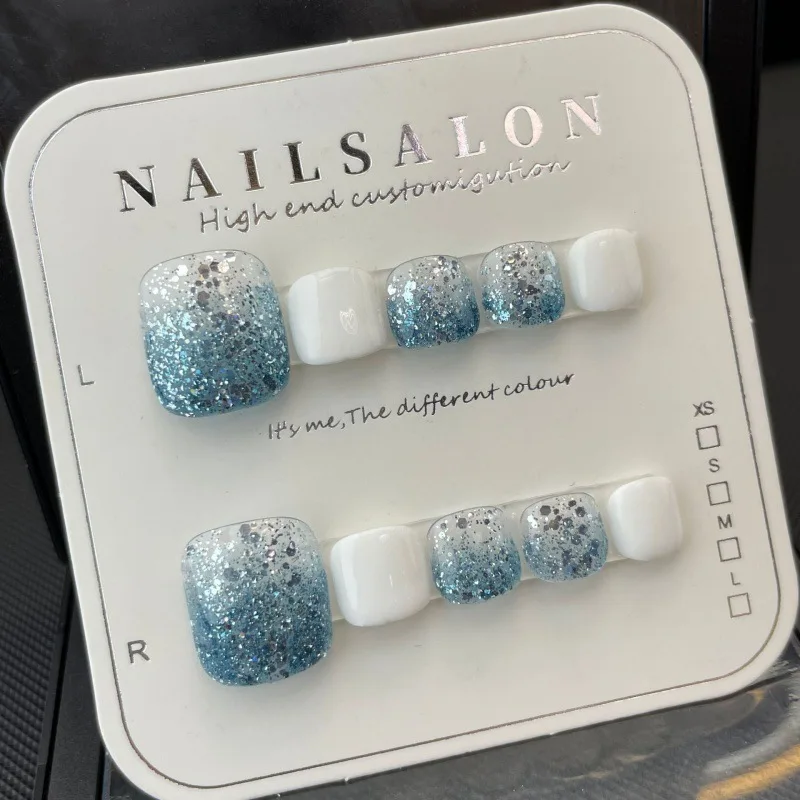 

Handmade Toe Press on Nails Blue Glitter Design Reusable Adhesive False Nails Full Cover Artifical Fake Toe Nails Tip for Feet