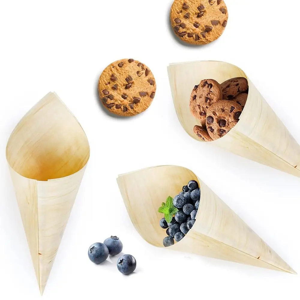 50PCS Wooden Ice Cream Cone Cup Yellow Cone Shaped Bull Horn Cup Multi-size Plating Decoration French Fry Packaging Box