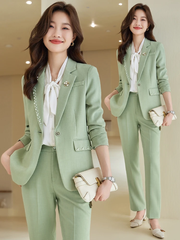

Green Suit Jacket Women's Autumn Winter High End Elegant Professional Work Uniform Small Size Goddess Style Suit Set