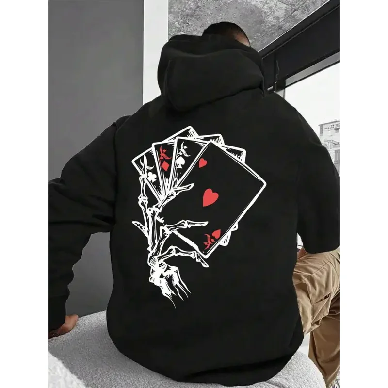 Playing Card Printing Hoodie Men Kangaroo Pocket Drawstring Pullovers Loose Fleece Warm Sweatshirts Autumn Casual Clothes