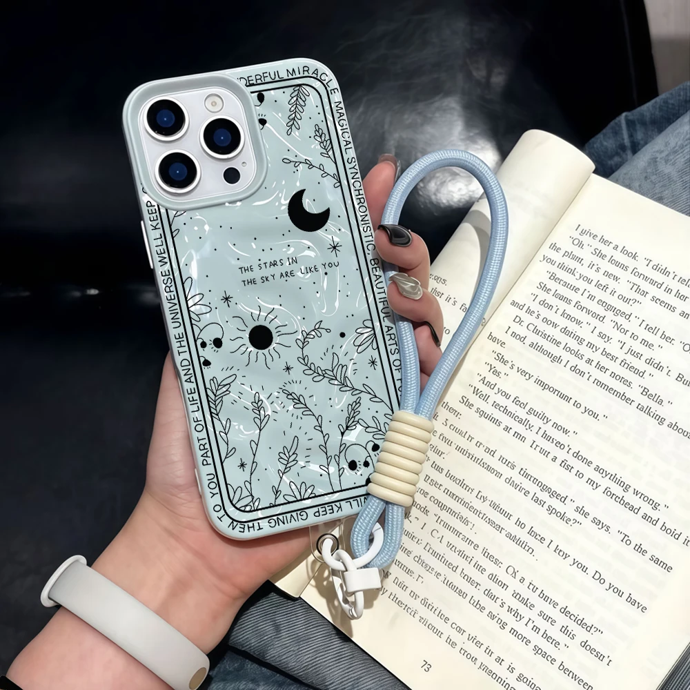 Retro-Muster Mond-Stern Falten-Silikon-Handyhülle für iPhone 17 15 13 11 12 14 16 17 Pro Max 14 15 Plus Air mit Lanyard-Abdeckung – Detail 1