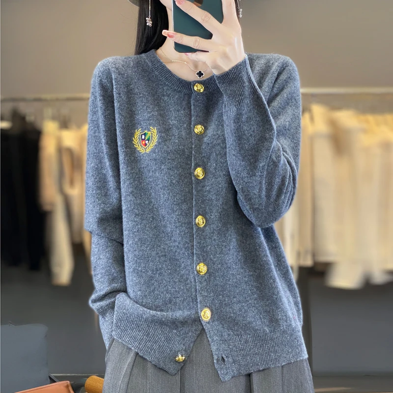 Knitted Sweater Cardigan Women\'s 24 Autumn Winter College Style Contrasting Color Badge Embroidery Slim Fit Jacket 100% Wool Top