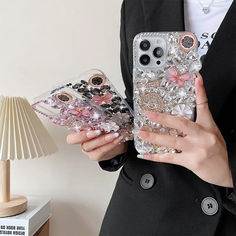 

Luxury Bling Rhinestone Butterfly Phone Case, Number 5, Cover for iPhone 15, 14, 13, 12, 11 Pro MAX