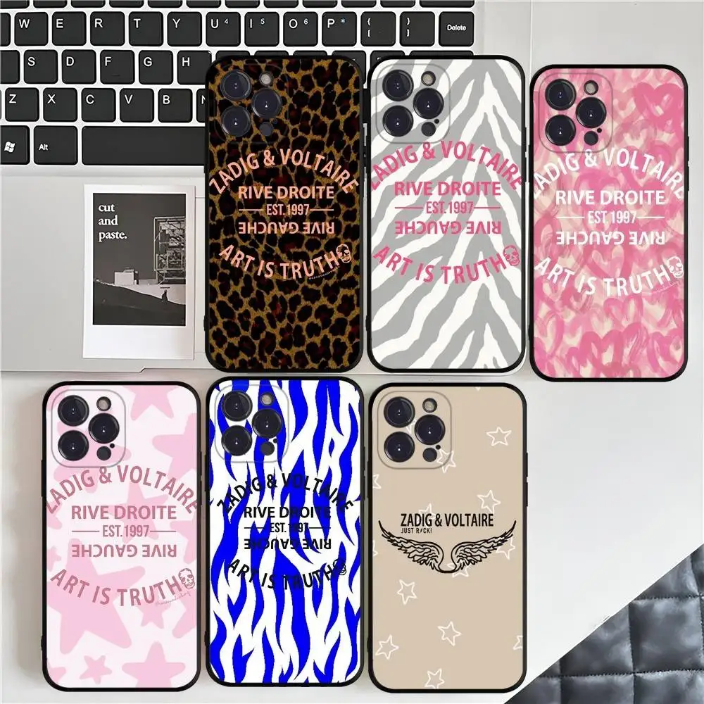 Funda para Teléfono de la Marca de Moda Z-Zadig V-Voltaire para iPhone 17 16 15 14 13 12 11 Pro Max Plus, Carcasa Negra