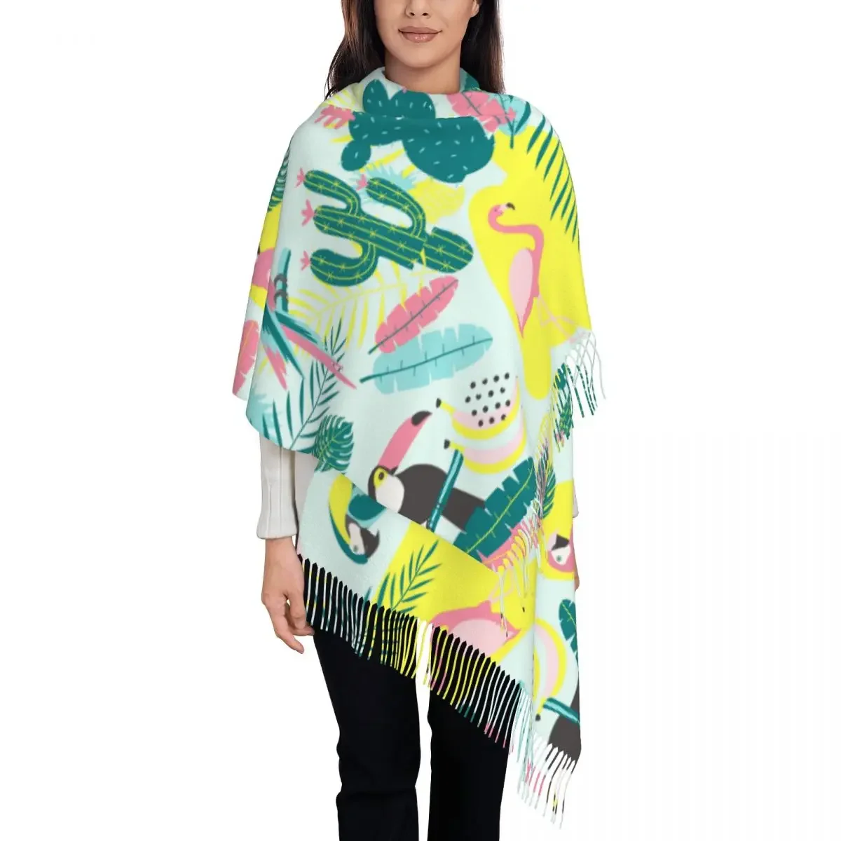 Tropical Toucan Flamingos Parrot Cactuses And Exotic Leaves Womens Warm Winter Infinity Scarves Set Blanket Scarf Pure Color