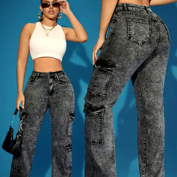 New Women's Acid Wash Cargo Jeans High Waist Wide Leg Denim Pants