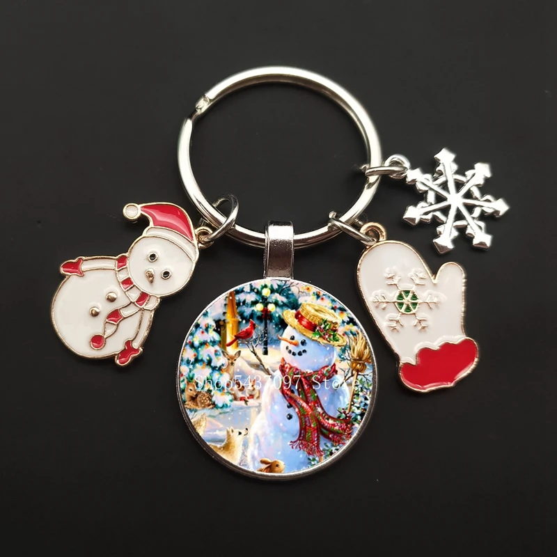 Fashion Christmas Snowman Glass Pendant Keychain Glove Snowflake Keychain Merry Christmas Keychain Christmas New Year Gift