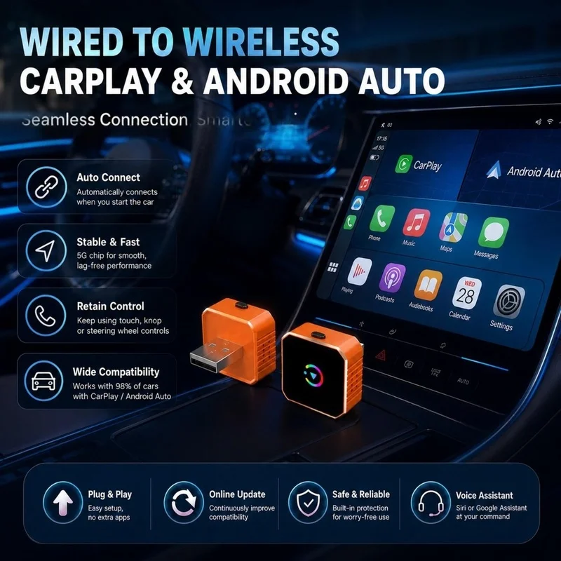 NCSMT Universal for Wireless CarPlay Adapter Fast Connection Car Connected for Carplay AI Box 2-in-1 Carplay Orange