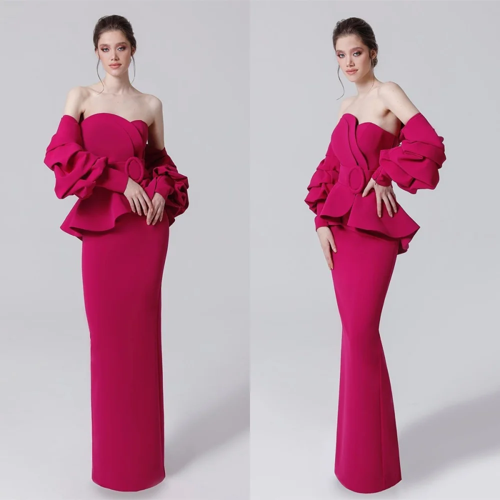 

Customized Formal Rose red Jersey Evening Dress Classic Strapless Off the Shoulder Long Sleeves Zipper Back Homecoming Dress