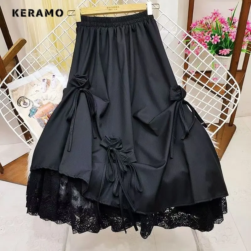 

2025 Winter Autumn Lace Patchwork Elegant Sexy Mid Long Skirts Women's Casual Sweet Style High Waist Slim Fit Lace-up Skirt