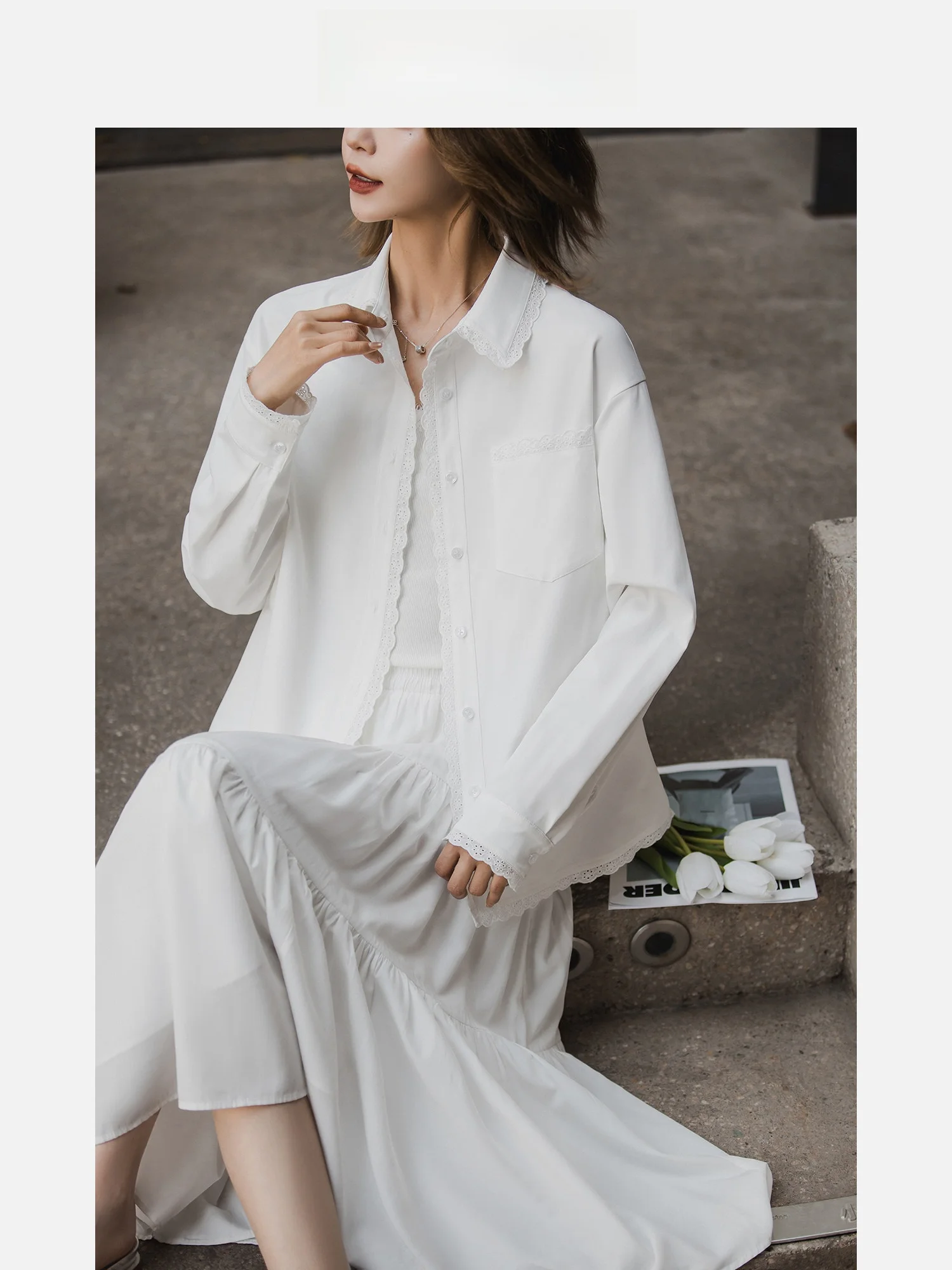 

Sweet Feminine Splice Lace Shirt Women's Casual Style Loose Fit Long Sleeve Polyester Fiber Carat Resistant to Deformation