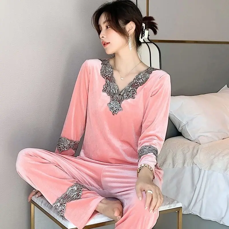 Oversize Velvet Pajama Sets Spring Womens Loose Long Sleeve Loungewear Suits Sleepwear Casual Pants Nightwears 2 Piece Conjunto