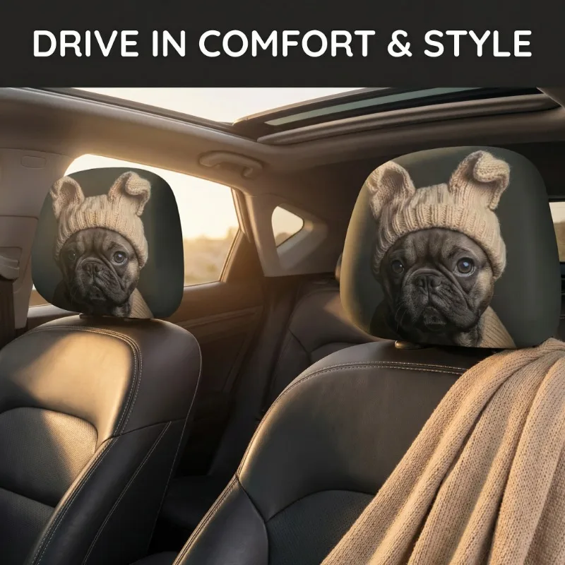 

French Bulldog With Knit Hat Car Headrest Cover 2PCS, Universal Fit Auto Head Rest Protector, Car Inter