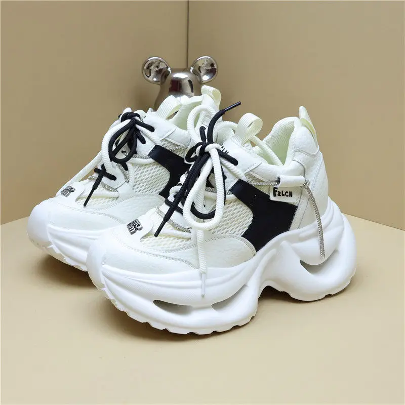 Women Breathable Mesh Platform Sneakers 12cm Hidden Heel Elevator Shoes Chunky Dad Shoes Spring Autumn Casual Thick Sole Walking