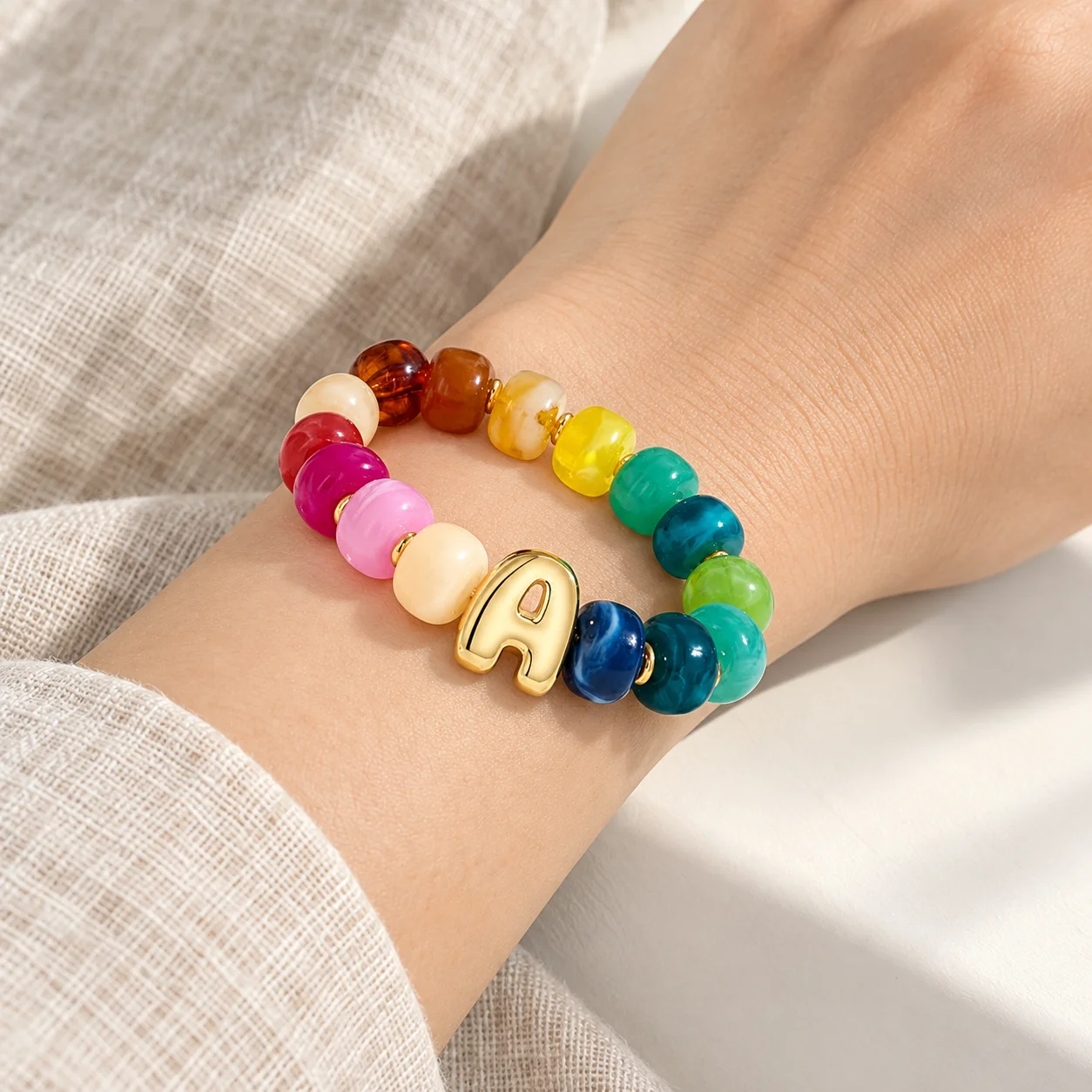 Women'S Bracelet Personalized Resin Bead Bracelet Gold Tone Letter Bracelet Layered For Travel Keepsakes Work Outfits Holiday