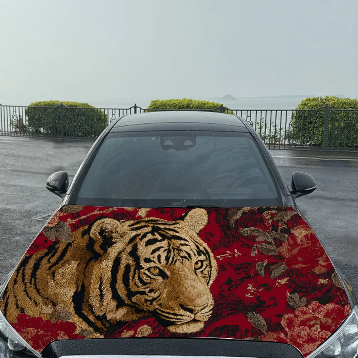 Автомобильные наклейки Тигр с красным цветочным текстурированным фоном и художественным, наклейка на капот автомобиля Majestic Visual Details, водонепроницаемая самоклеящаяся