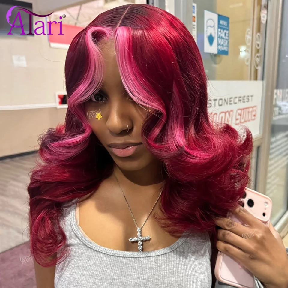 بورجوندي مع الوردي بوب موجة شعر مستعار شفاف 13x4 كامل الدانتيل أمامي شعر الإنسان قصير بوب الباروكات 99 شعر مستعار أحمر اللون قبل نتف