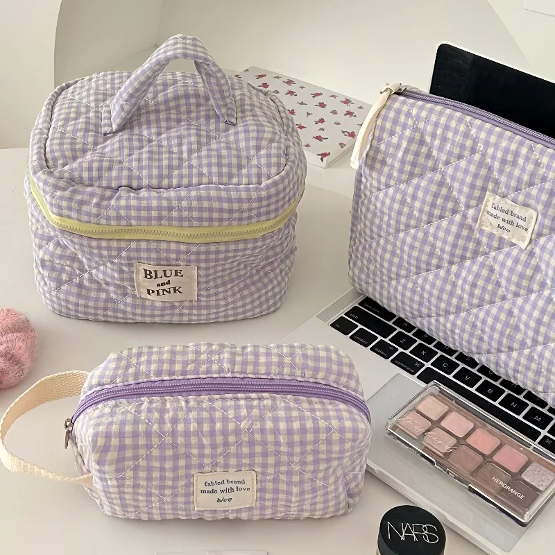 Simple Plaid Female Portable Storage Bags Large Capacity Women\'s Travel Cosmetic Bag Makeup Case College Girls Clutch Purse Tote