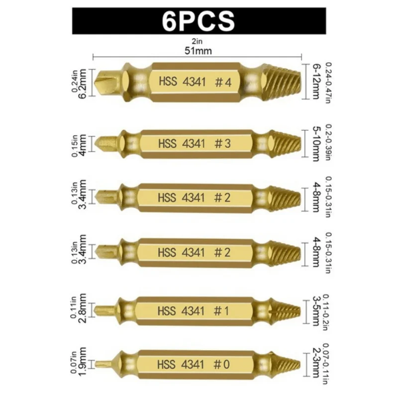 損傷したスクリューエクストラクタービット,ツールボックス付きキット,hss抽出器,ハンドツールアクセサリー,6個