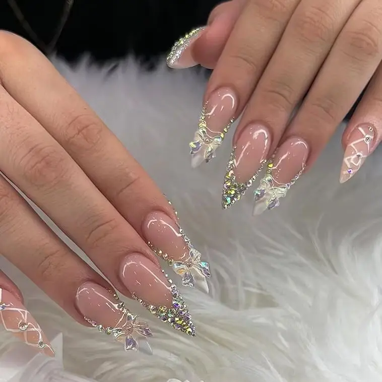 24개입 3D 오로라 리본 프레스온 네일 글리터 라인스톤 가짜 손톱 프레스온 프렌치 발레 리본 네일 롱 아몬드 가짜 손톱