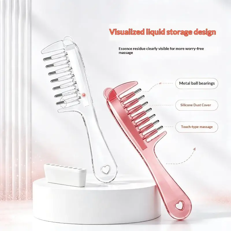 1 Stück Heim-Salon-Werkzeug Unisex Transparenter Ätherisches-Öl-Applikator Massagekamm mit eingebautem Flüssigkeitsreservoir und rollenden Metallzähnen – Detail 7