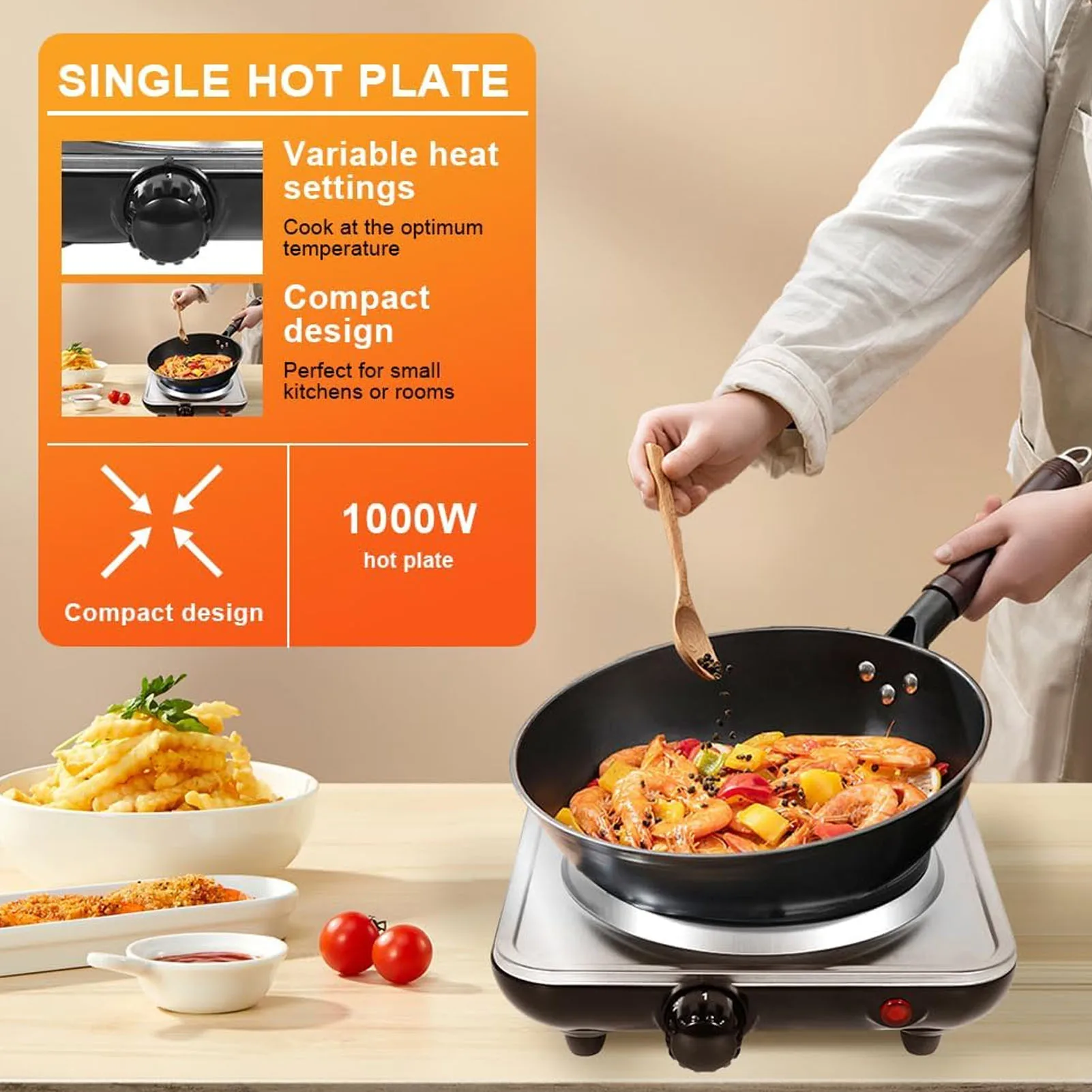 Encimera eléctrica de 1000W, quemador único, Control de temperatura de 5 niveles, placa caliente para cocinar, Base de acero inoxidable