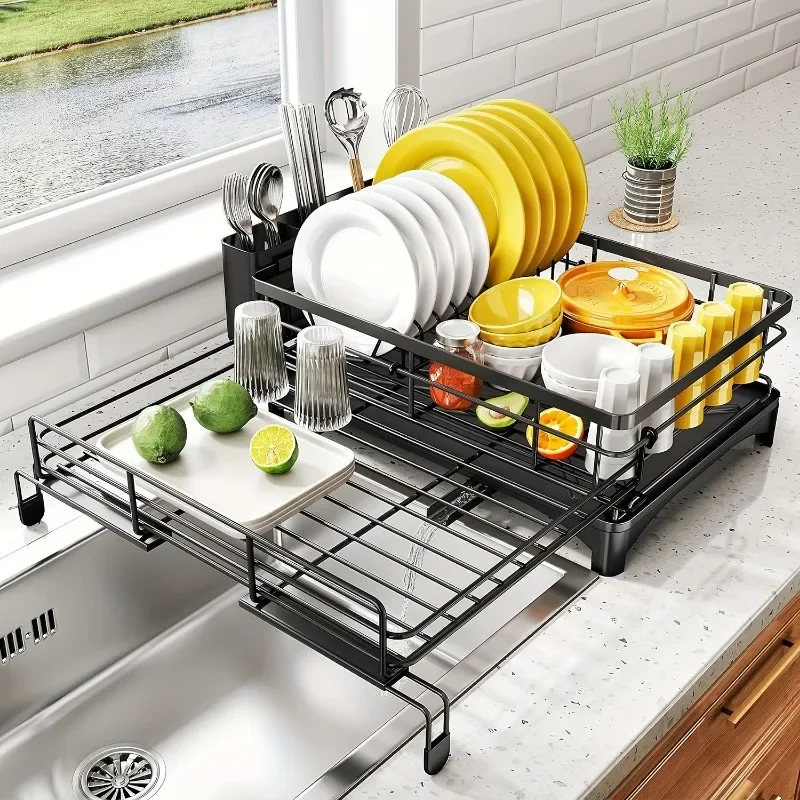 2-in-1 Expandable Rust-Resistant Metal Dish Drying Rack with Pan Slot,Utensil Holder,Drainboard for Space-Saving Kitchen Counter