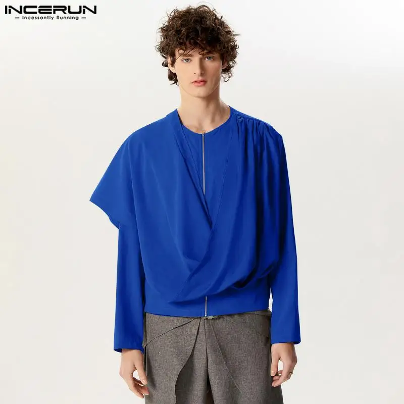 2024 Men Irregular T Shirt Solid Zipper O-neck Long Sleeve Fashion Casual Men Clothing Streetwear Personality Camisetas INCERUN