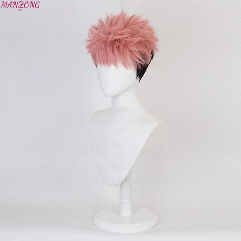 Peluca de Cosplay de Anime Itadori Yuji, pelo corto, rosa de seda de alta temperatura, pelucas de malla interior + gorro de peluca