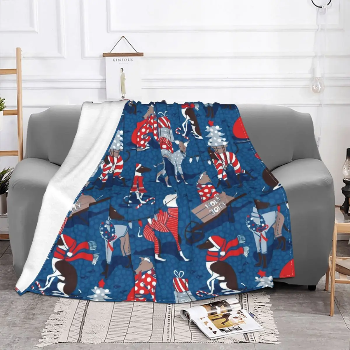 

Greyhounds Christmas Blue Background Blankets Flannel All Season Santa Warm Throw Blankets for Bedding Bedroom Bedding Throws