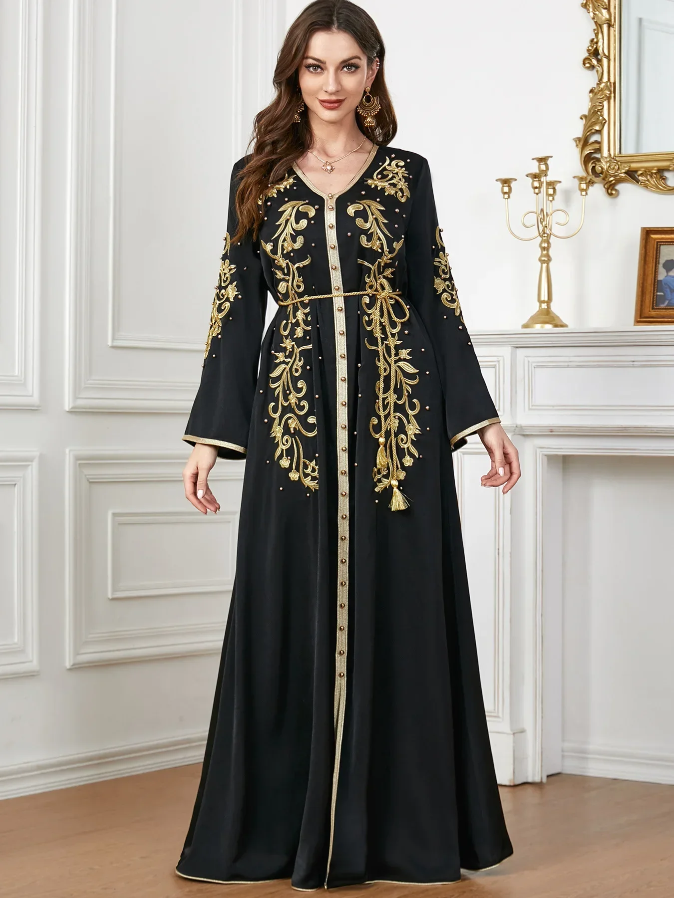 Beads Abaya Muslim Women Maxi Dress Embroidered Kaftan Dubai Turkey Party Gown Islamic Clothing Ramadan Eid Robe Jalabiya Caftan