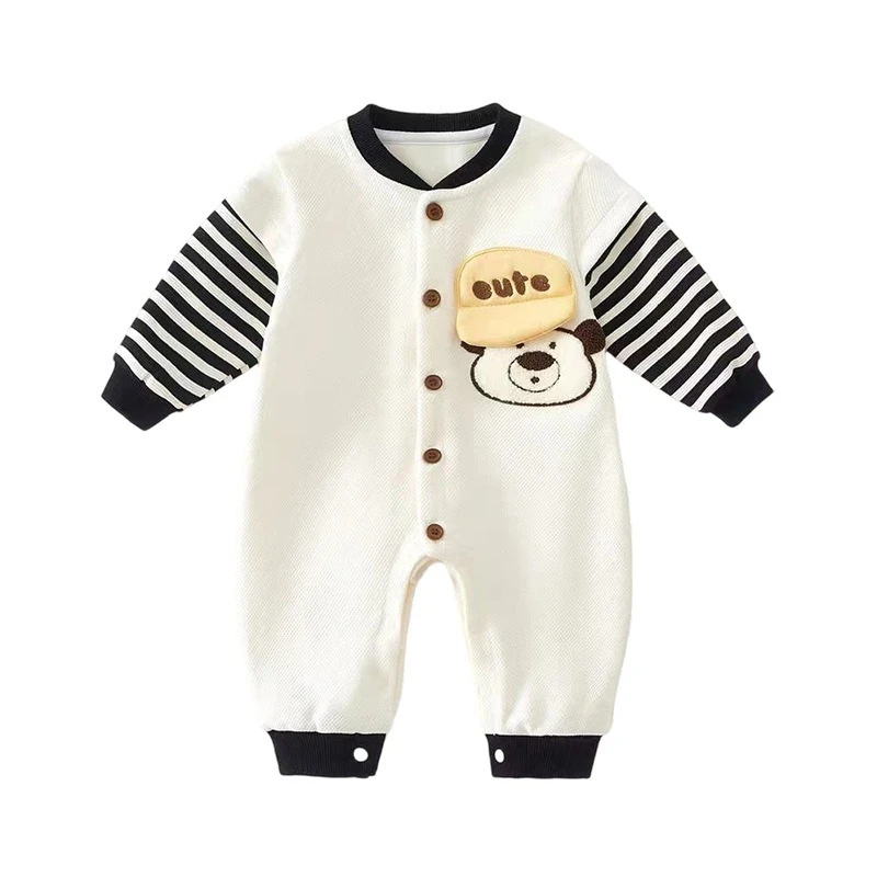 

Уютный комбинезон унисекс из саржи для малышей на весну и осень, комбинезон с милым медведем и буквенным узором для мальчиков и девочек, мягкий боди с круглым вырезом для младенцев