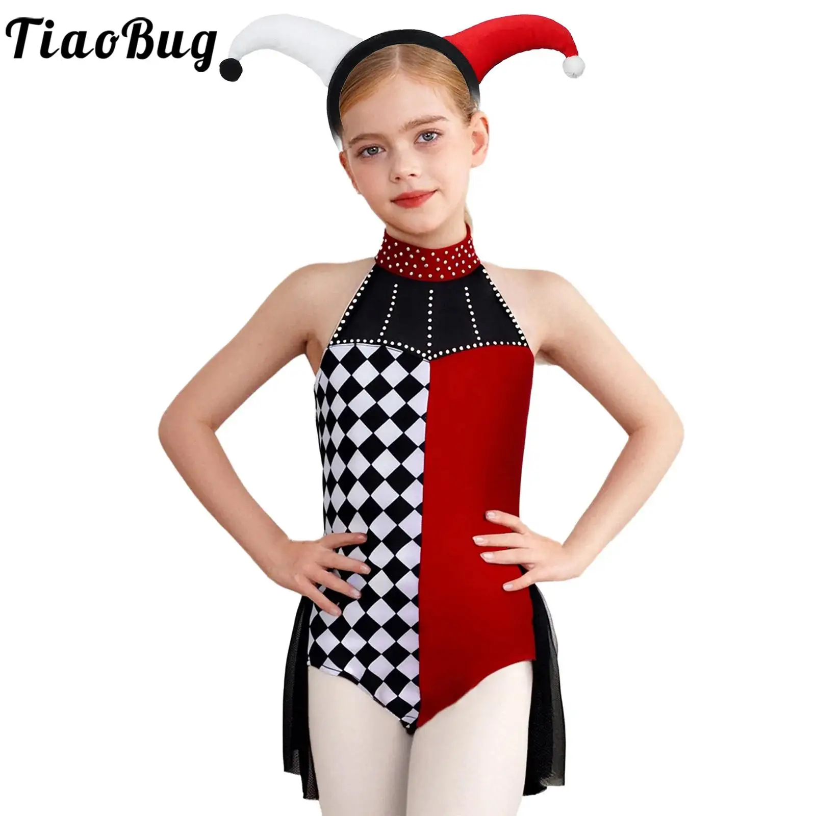 

Halloween Girls Clown Costume Dress Up Color Block Leotards and Clown Headwear Sleeveless Backless Mesh Overlay Jumpsuit