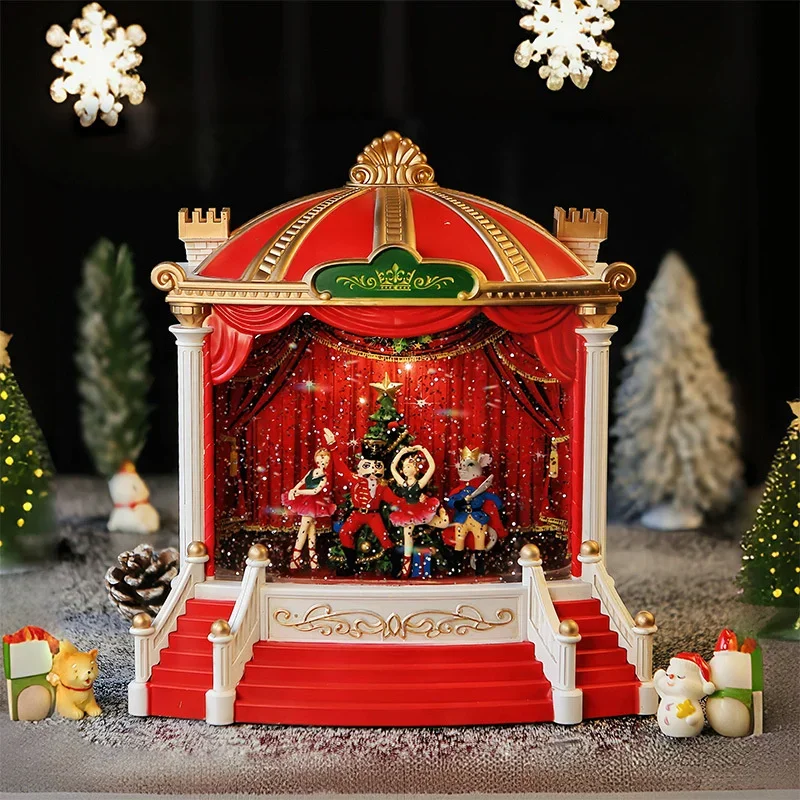Creative Christmas Polyethylene Nutcracker Stage Music Box Snowfall Shine Desktop Ornament Display Window Festive Atmosphere Dec