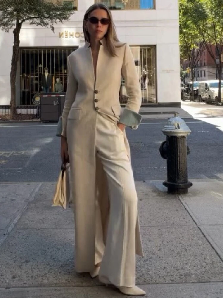 Elegant Solid Stand Collar Suit Blazer Women Chic Contrast Cuff Single Breasted Slim Overcoat 2026 Office Smart Casual Outerwear