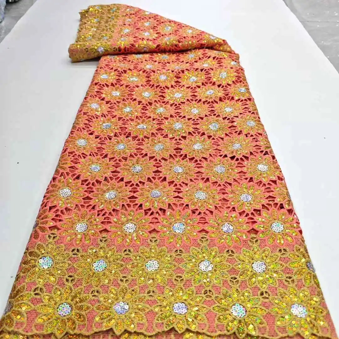 アフリカ ギピュールコードレース生地 2025 高品質 スパンコール付き 水溶性レース生地 刺繍 ウェディングドレス用