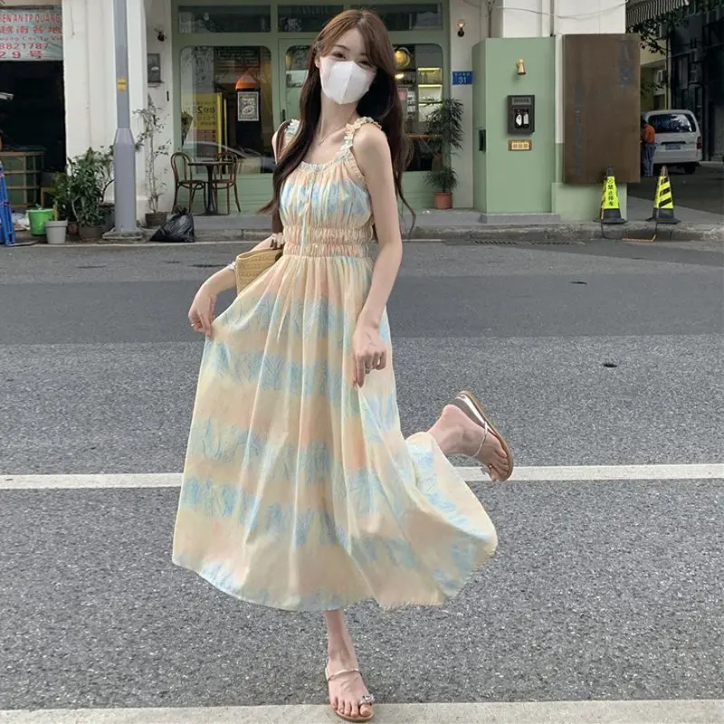 

Romantic Retro Dress for Seaside Vacation Suspender Dress Sweet and Gentle Style High-end French Long Skirt