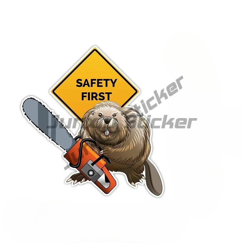 Funny Warning Car Sticker Safety First Beaver with A Chainsaw Decal Fashion Decoration Vinyl Bumper Stickers