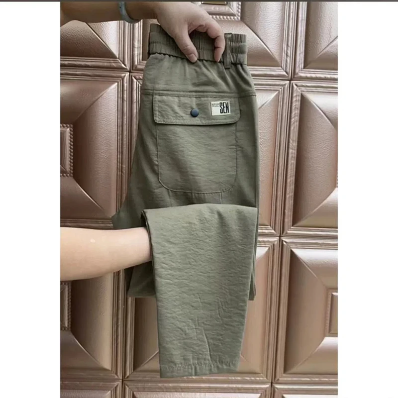 Spring Autumn Fashion Solid Color Elastic Waist Pockets Men\'s Clothing Loose Casual Thin European Style Simplicity Haren Pants