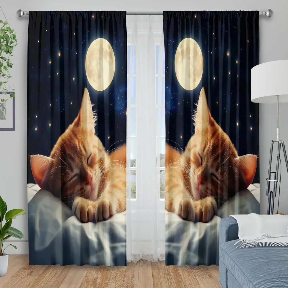 Sleeping Orange Tabby Cat Curtain 2 Panels Full Moon Starry Sky Pillow Master Bedroom Print Window Curtain Night Pet Home Decor