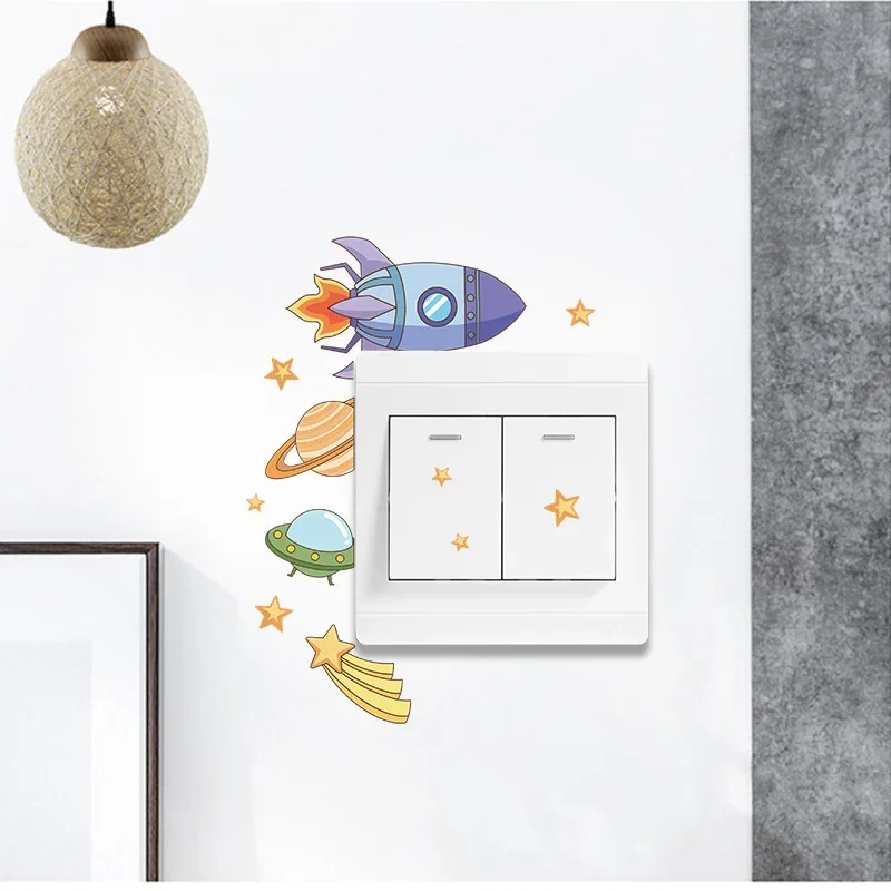 Switch Stickers Cartoon Rocket spacecraft stars Wall Sticker Tropical Switch Wallpaper Self-Adhesive Wall Decals Home Decor DIY