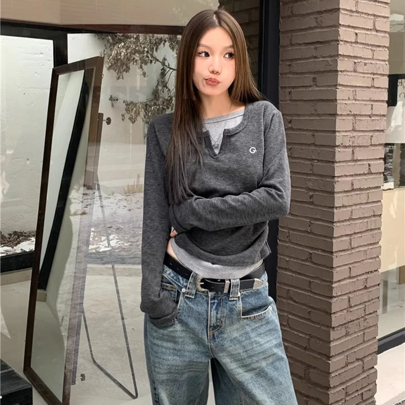 

Women's O-neck T-Shirts Casual Fake Two Piece Long Sleeve Slim Fit Tops American Retro Style Fall Winter Female Knit Basic Tees