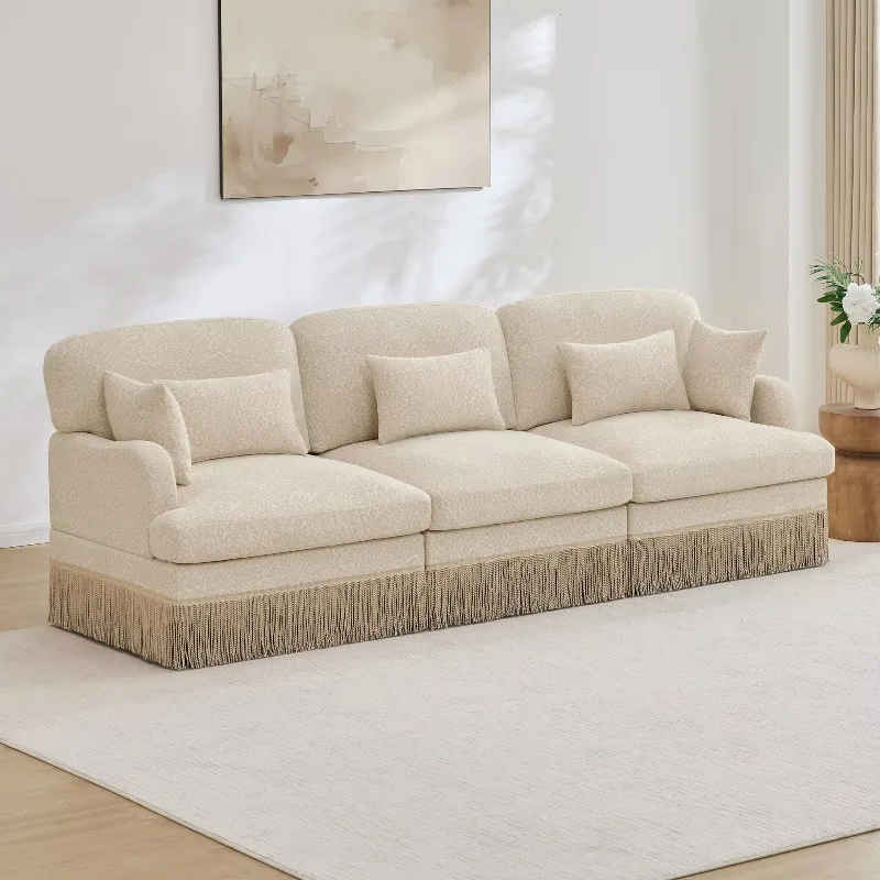 100-Inch comfortable chenille leopard print three-seater square sofa, exquisite fringed trim, modern modular combination sofa