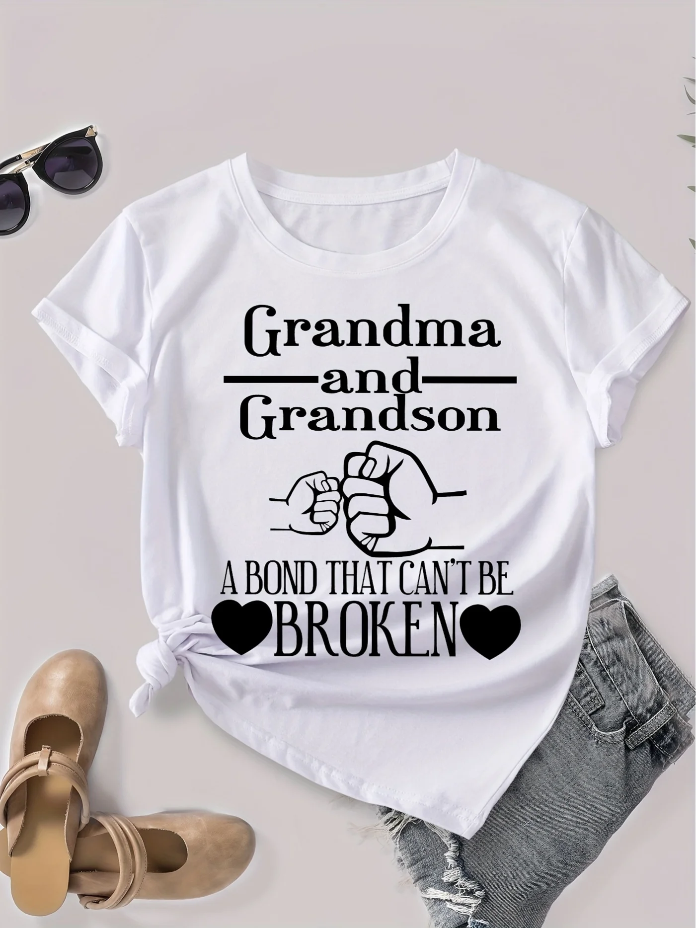 Summer Fashion Women's Grandma And Grandson A Bond That Can't Be Broken Letter Print T-Shirt Women's Casual Short Sleeve Top