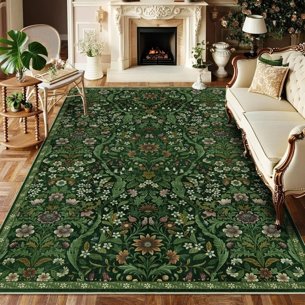 

5x7 Dark Green Washable Floral Area Rug, Vintage Boho Soft Low-Pile Living Room Rugs, Stain Resistant Botanical Non-Slip Carpet