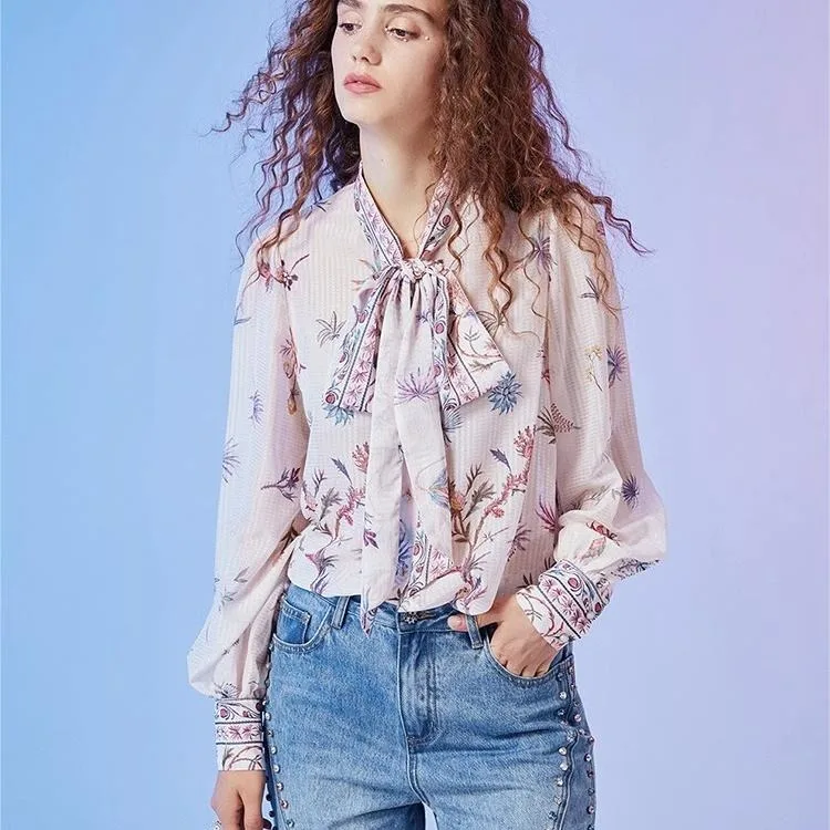 Ele Long Sve Stampato irt Slim Fit con Sa Antietà Primavera australiana New Sle V-Ne Lanterna Sve Poliestere F...